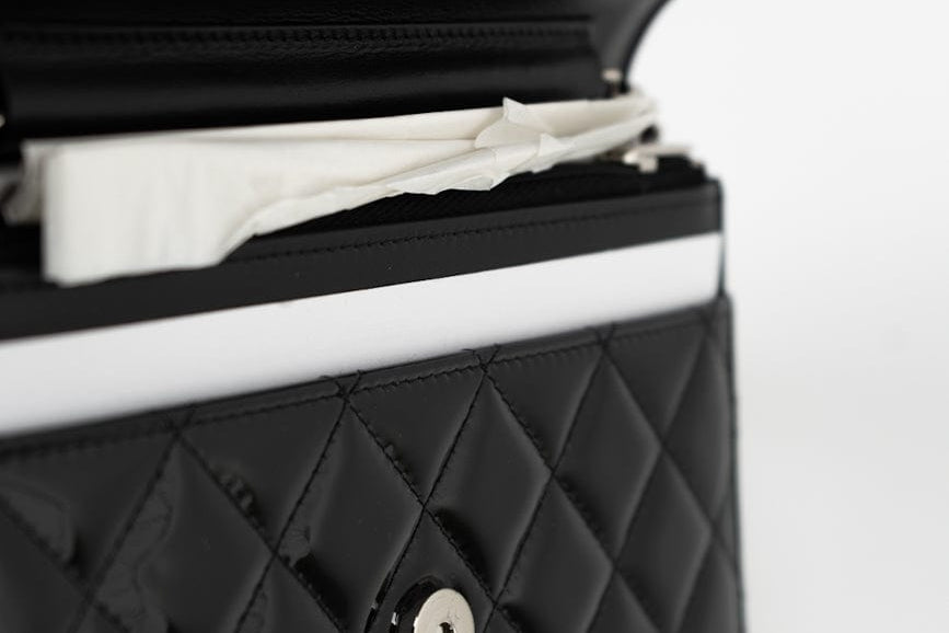 CHANEL Handbag Patent Quilted Pink Black Bi-Color Wallet On Chain WOC - Redeluxe