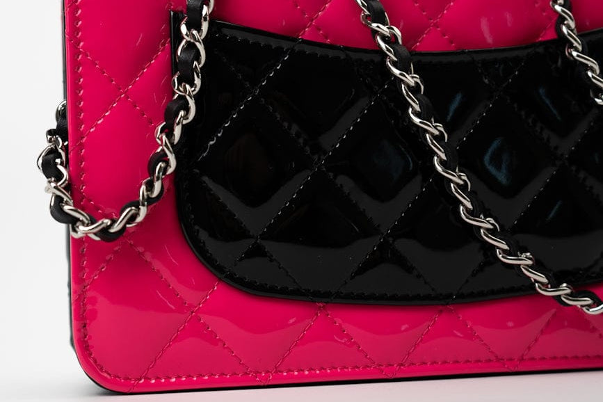 CHANEL Handbag Patent Quilted Pink Black Bi-Color Wallet On Chain WOC - Redeluxe