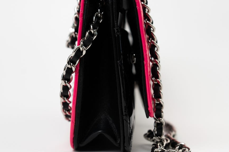 CHANEL Handbag Patent Quilted Pink Black Bi-Color Wallet On Chain WOC - Redeluxe