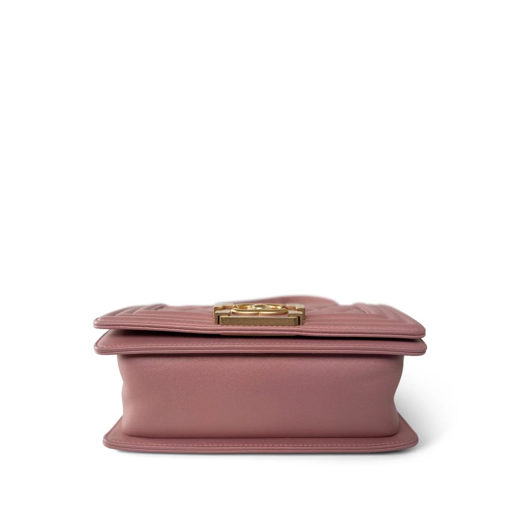 CHANEL Handbag Pink 20A Metallic Pink Calfskin Quilted Small Boy Bag Aged Gold Hardware - Redeluxe