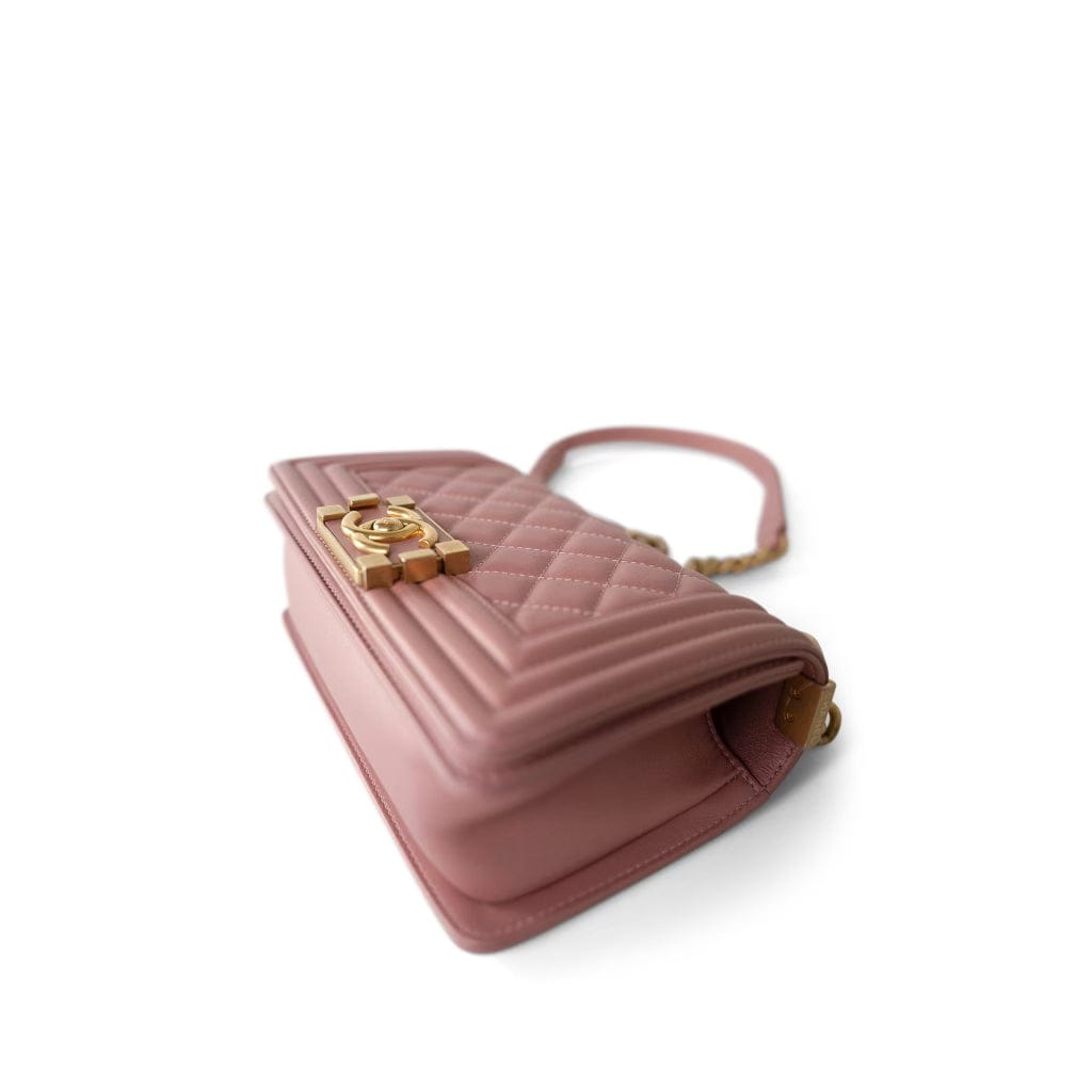 CHANEL Handbag Pink 20A Metallic Pink Calfskin Quilted Small Boy Bag Aged Gold Hardware - Redeluxe