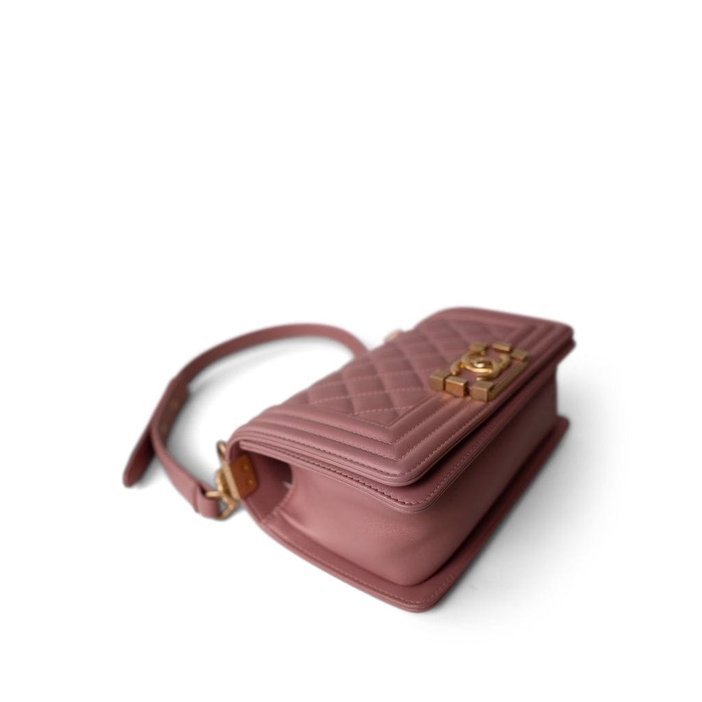 CHANEL Handbag Pink 20A Metallic Pink Calfskin Quilted Small Boy Bag Aged Gold Hardware - Redeluxe