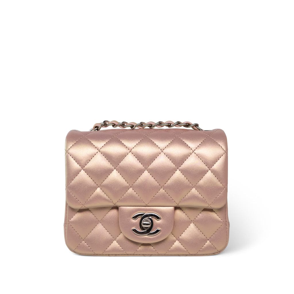 21K Mini Pink Iridescent Square Lambskin Quilted Classic Flap SHW 21K Mini Pink Iridescent Square Lambskin Quilted Classic Flap SHW