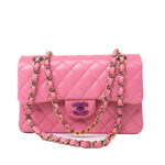 CHANEL Handbag Pink 21P Pink Lambskin Quilted Classic Flap Small Yellow Interior / Rainbow Hardware - Redeluxe