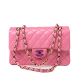 CHANEL Handbag Pink 21P Pink Lambskin Quilted Classic Flap Small Yellow Interior / Rainbow Hardware - Redeluxe