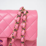 CHANEL Handbag Pink 21P Pink Lambskin Quilted Classic Flap Small Yellow Interior / Rainbow Hardware - Redeluxe