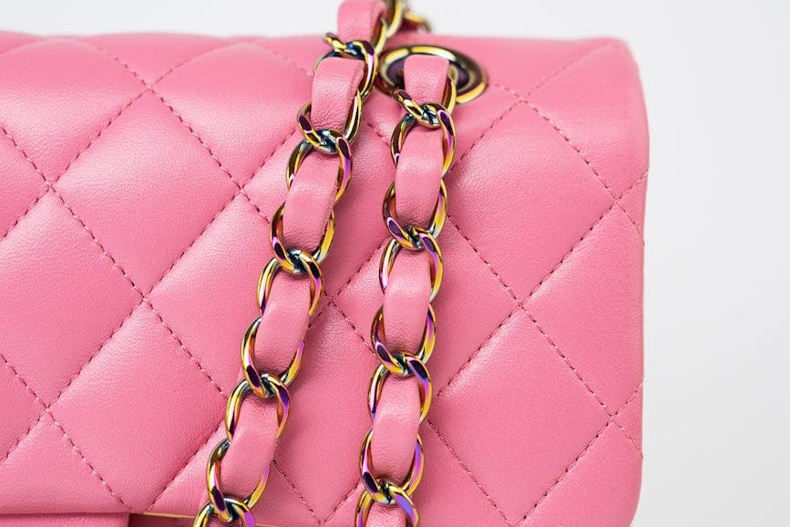 CHANEL Handbag Pink 21P Pink Lambskin Quilted Classic Flap Small Yellow Interior / Rainbow Hardware - Redeluxe