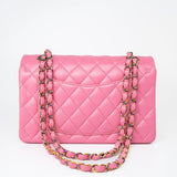 CHANEL Handbag Pink 21P Pink Lambskin Quilted Classic Flap Small Yellow Interior / Rainbow Hardware - Redeluxe