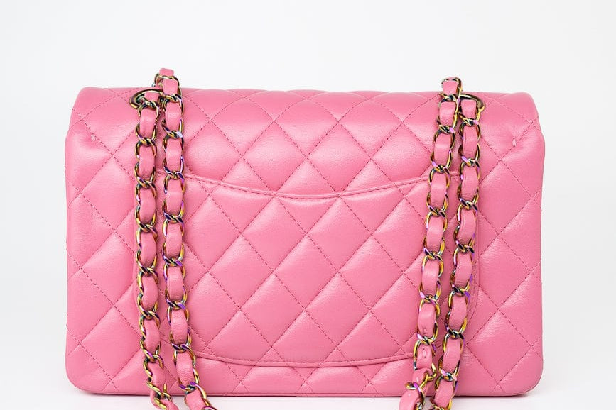 CHANEL Handbag Pink 21P Pink Lambskin Quilted Classic Flap Small Yellow Interior / Rainbow Hardware - Redeluxe