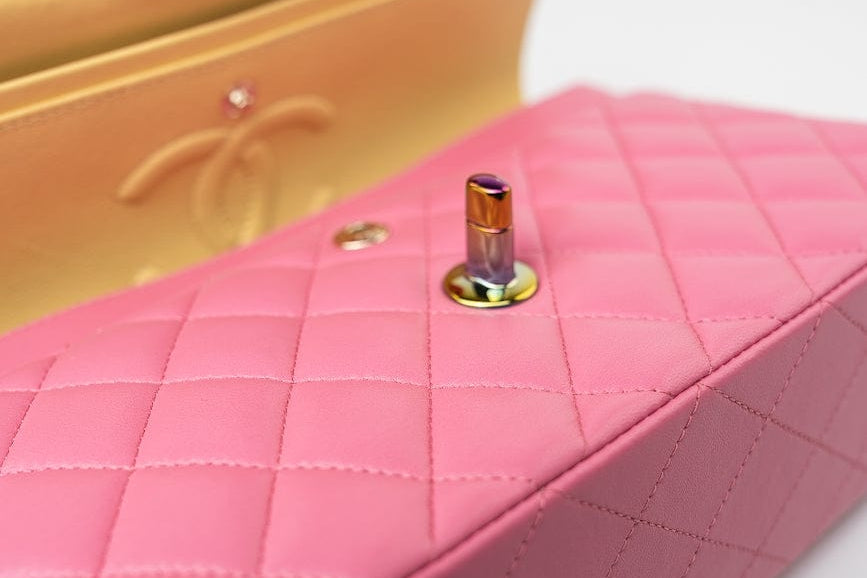 CHANEL Handbag Pink 21P Pink Lambskin Quilted Classic Flap Small Yellow Interior / Rainbow Hardware - Redeluxe