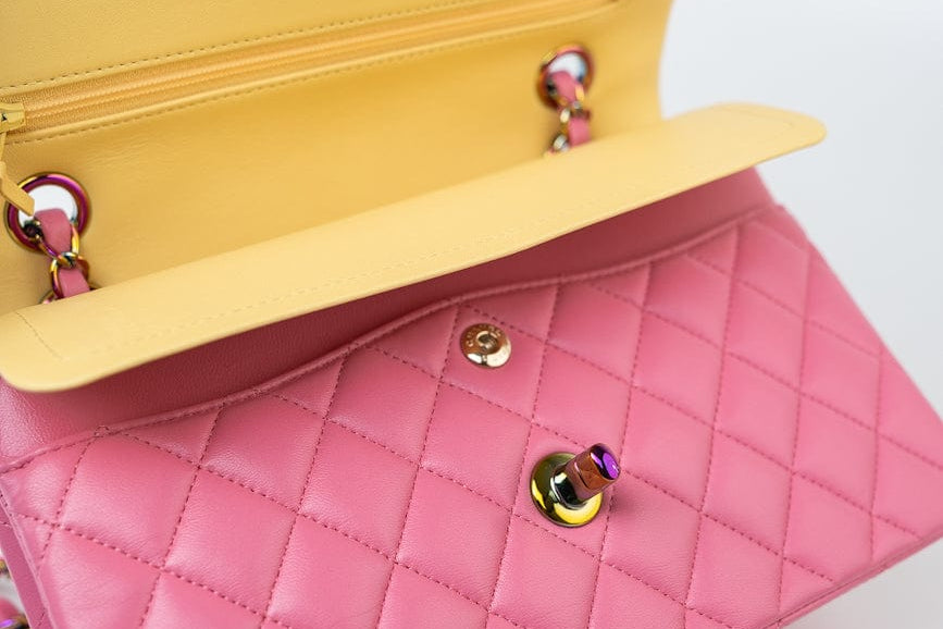 CHANEL Handbag Pink 21P Pink Lambskin Quilted Classic Flap Small Yellow Interior / Rainbow Hardware - Redeluxe