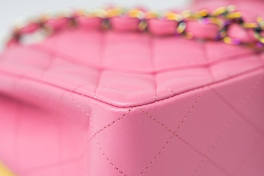 CHANEL Handbag Pink 21P Pink Lambskin Quilted Classic Flap Small Yellow Interior / Rainbow Hardware - Redeluxe