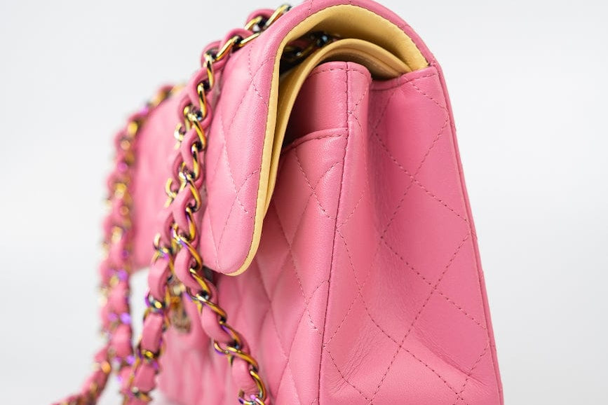 CHANEL Handbag Pink 21P Pink Lambskin Quilted Classic Flap Small Yellow Interior / Rainbow Hardware - Redeluxe