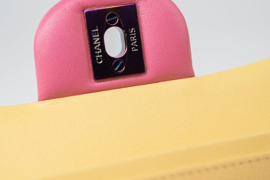 CHANEL Handbag Pink 21P Pink Lambskin Quilted Classic Flap Small Yellow Interior / Rainbow Hardware - Redeluxe