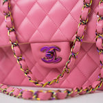 CHANEL Handbag Pink 21P Pink Lambskin Quilted Classic Flap Small Yellow Interior / Rainbow Hardware - Redeluxe