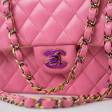 CHANEL Handbag Pink 21P Pink Lambskin Quilted Classic Flap Small Yellow Interior / Rainbow Hardware - Redeluxe