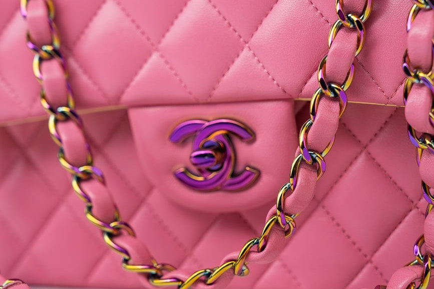 CHANEL Handbag Pink 21P Pink Lambskin Quilted Classic Flap Small Yellow Interior / Rainbow Hardware - Redeluxe