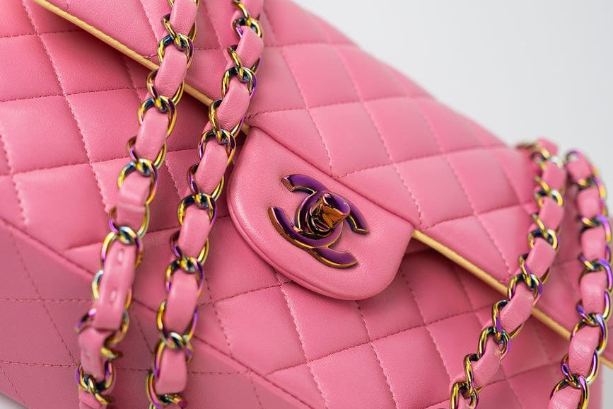 CHANEL Handbag Pink 21P Pink Lambskin Quilted Classic Flap Small Yellow Interior / Rainbow Hardware - Redeluxe