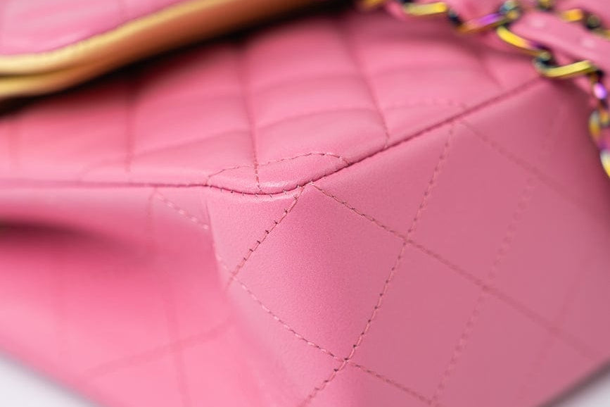 CHANEL Handbag Pink 21P Pink Lambskin Quilted Classic Flap Small Yellow Interior / Rainbow Hardware - Redeluxe