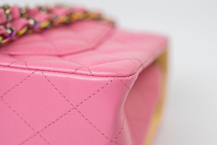 CHANEL Handbag Pink 21P Pink Lambskin Quilted Classic Flap Small Yellow Interior / Rainbow Hardware - Redeluxe