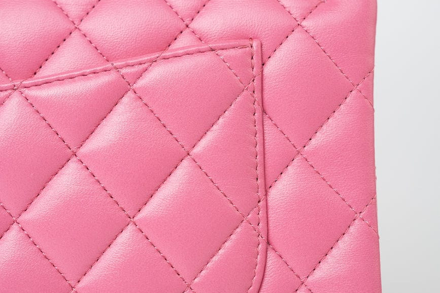 CHANEL Handbag Pink 21P Pink Lambskin Quilted Classic Flap Small Yellow Interior / Rainbow Hardware - Redeluxe