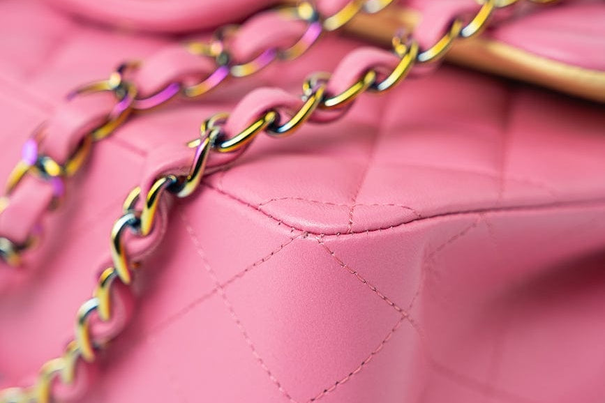 CHANEL Handbag Pink 21P Pink Lambskin Quilted Classic Flap Small Yellow Interior / Rainbow Hardware - Redeluxe