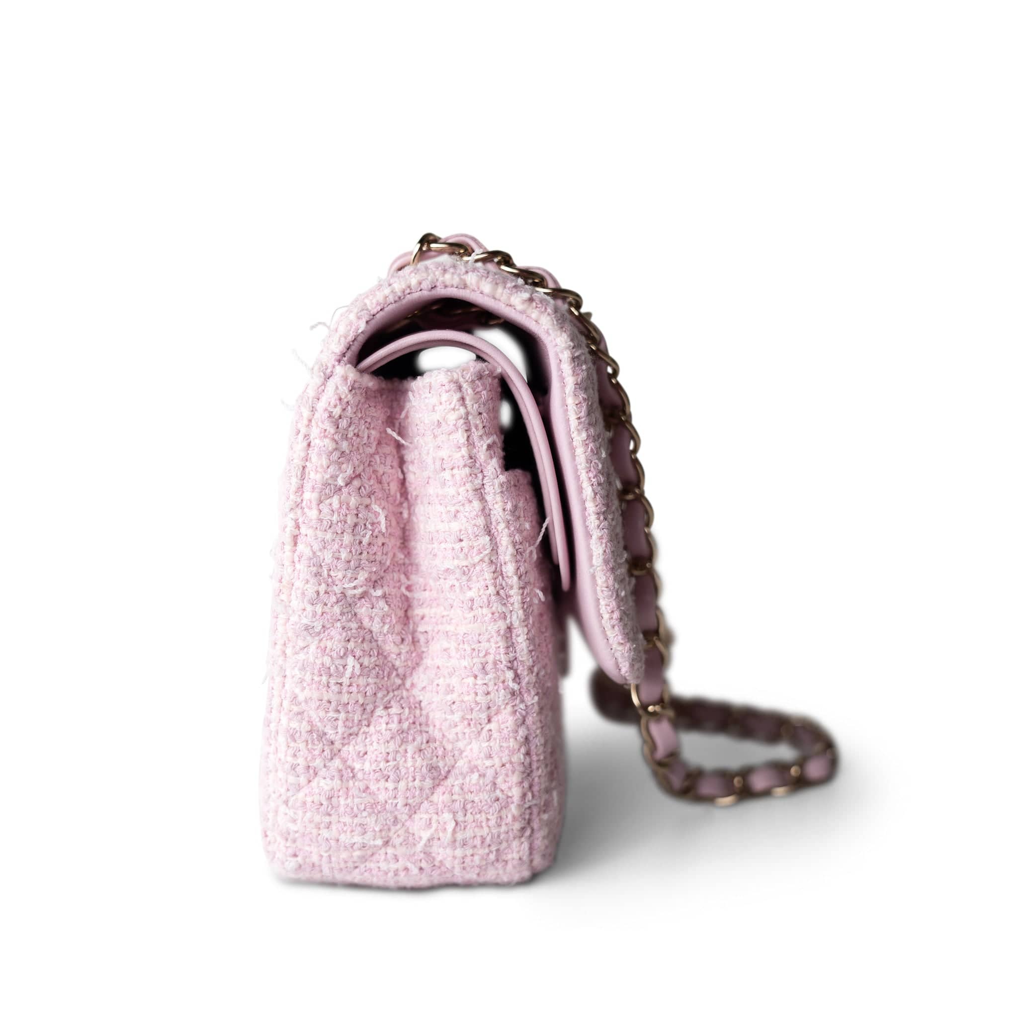 CHANEL Handbag Pink / Classic flap 21S Pink Tweed Quilted Classic Flap Medium Light Gold Hardware - Redeluxe