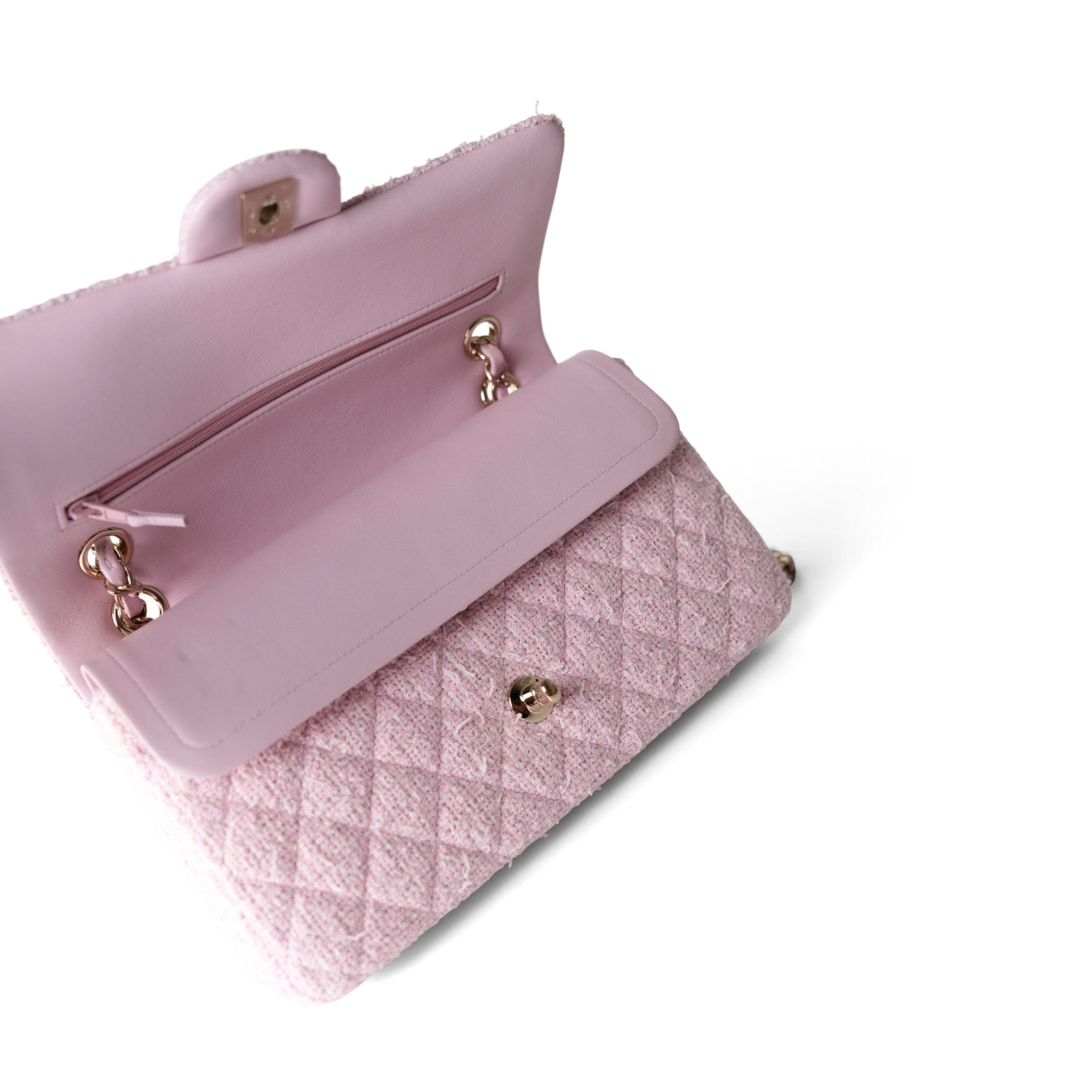 CHANEL Handbag Pink / Classic flap 21S Pink Tweed Quilted Classic Flap Medium Light Gold Hardware - Redeluxe