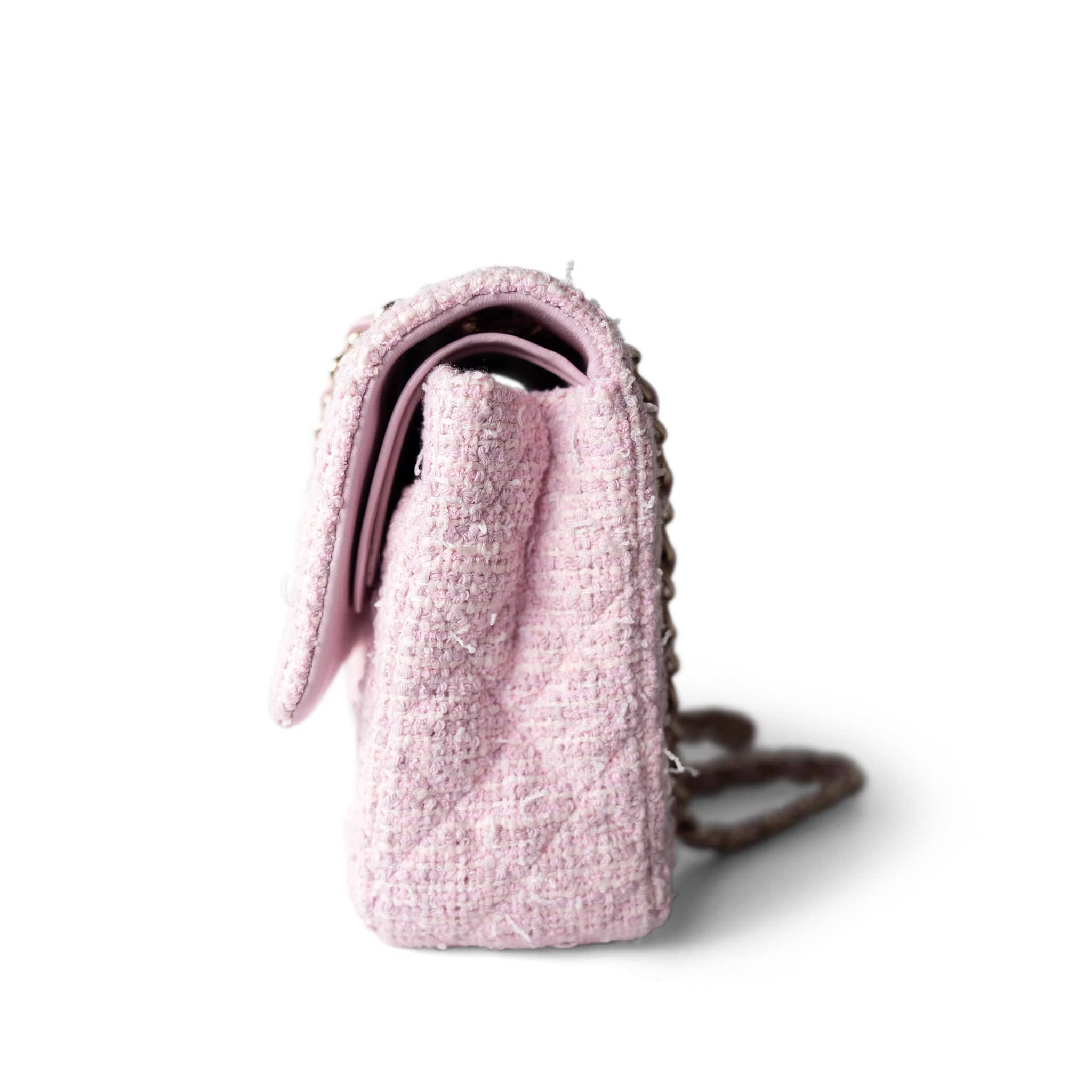 CHANEL Handbag Pink / Classic flap 21S Pink Tweed Quilted Classic Flap Medium Light Gold Hardware - Redeluxe