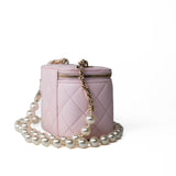 CHANEL Handbag Pink Light Pink Lambskin Quilted Mini Vanity Case With Pearl Chain - Redeluxe