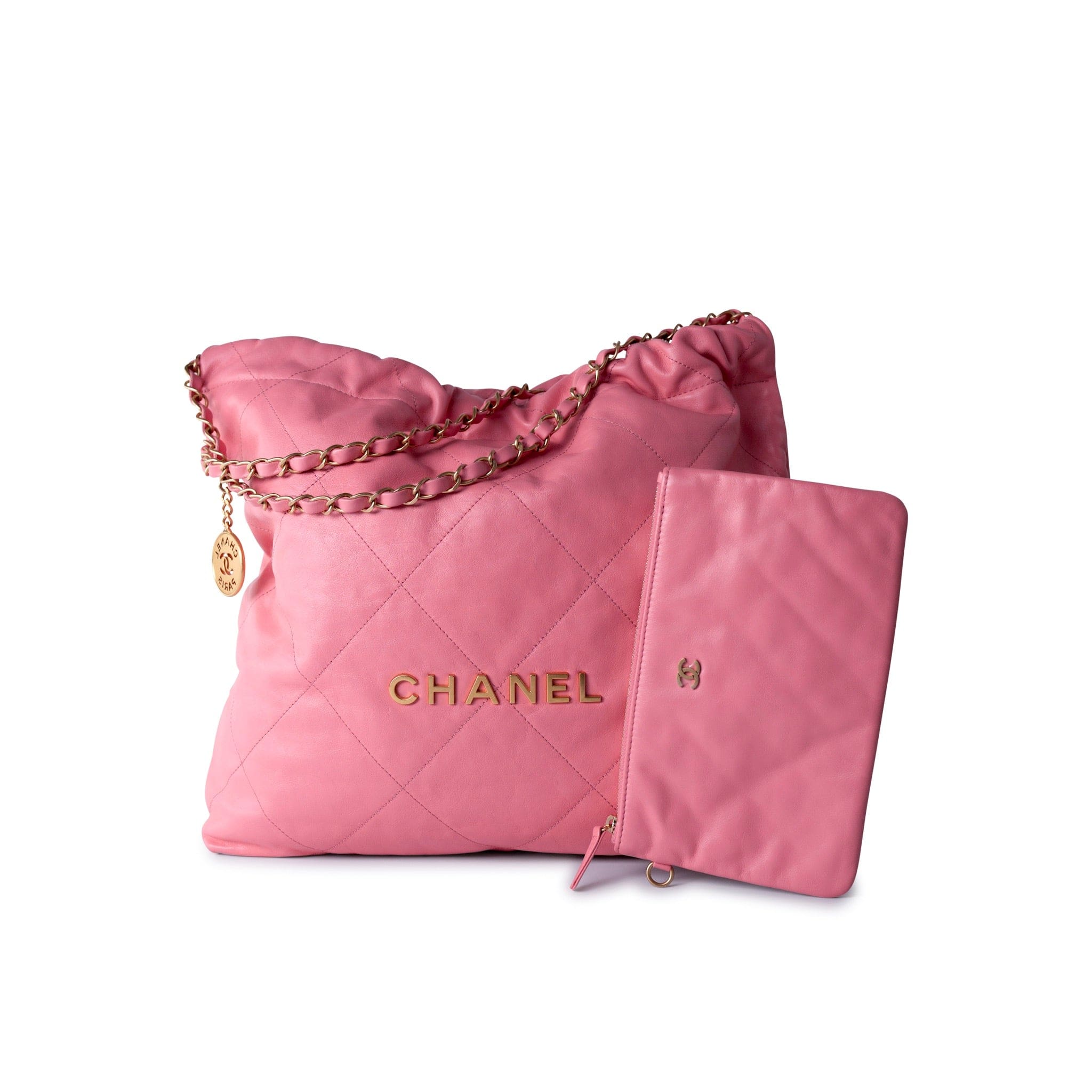 CHANEL Handbag Pink Medium Pink Calfskin Quilted 22 Hobo Bag Antique Gold Hardware - Redeluxe