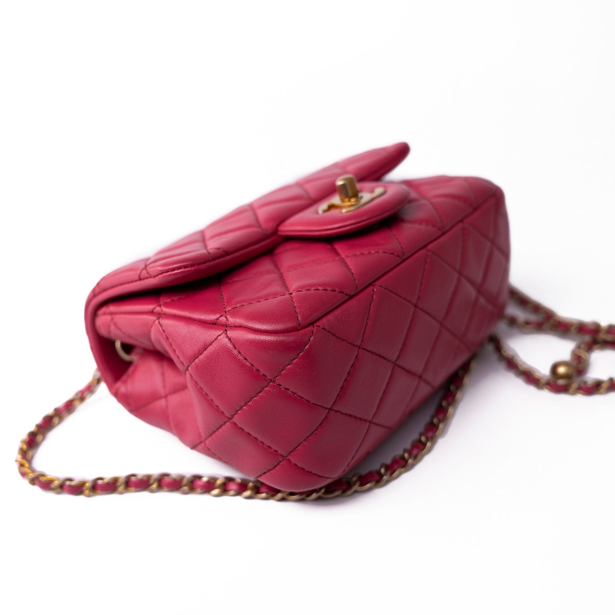 CHANEL Handbag Pink Mini Pearl Crush Fuchsia Lambskin Quilted Square Flap - Redeluxe
