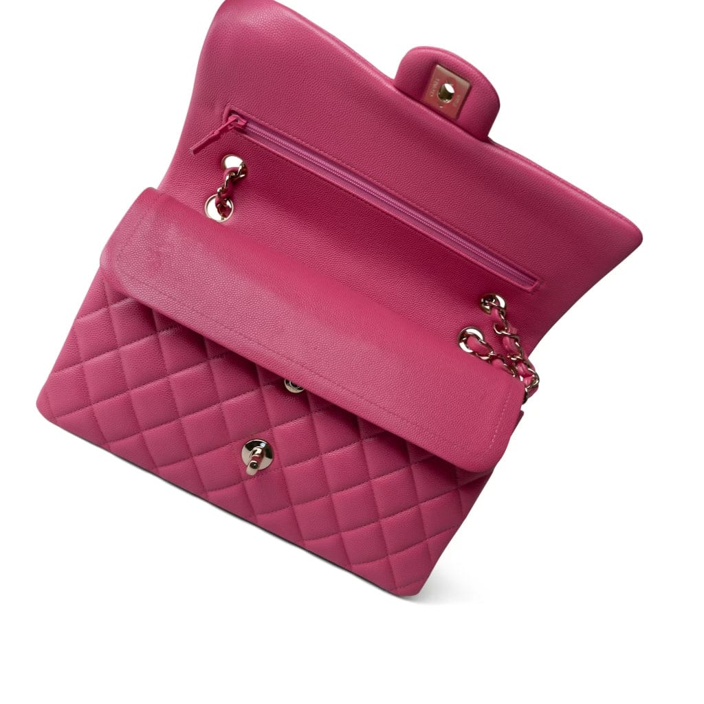 CHANEL Handbag Pink Pink Caviar Quilted Classic Flap Medium Light Gold Hardware - Redeluxe