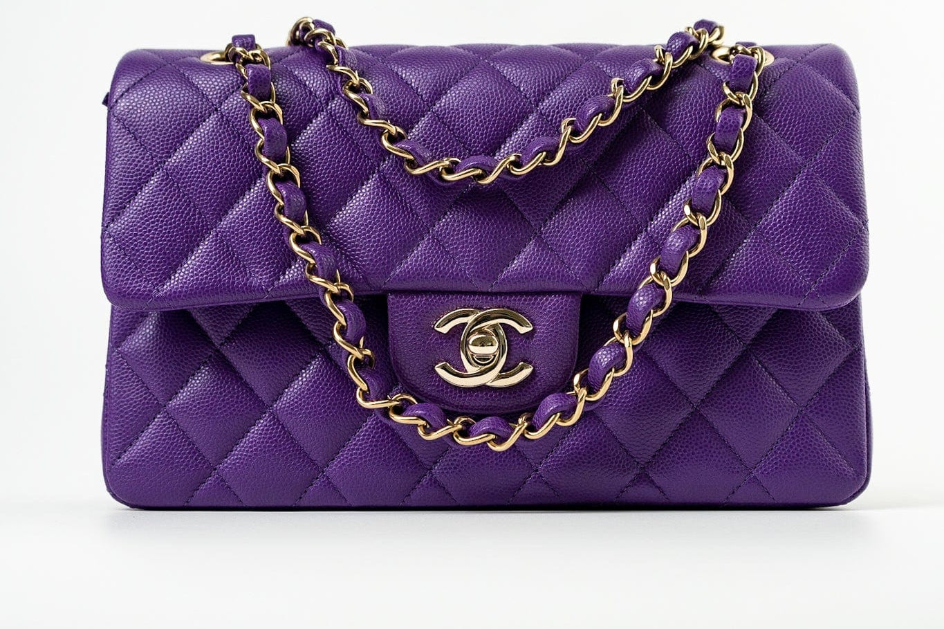 CHANEL Handbag Purple 22A Purple Caviar Quilted Small Classic Flap Light Gold Hardware - Redeluxe
