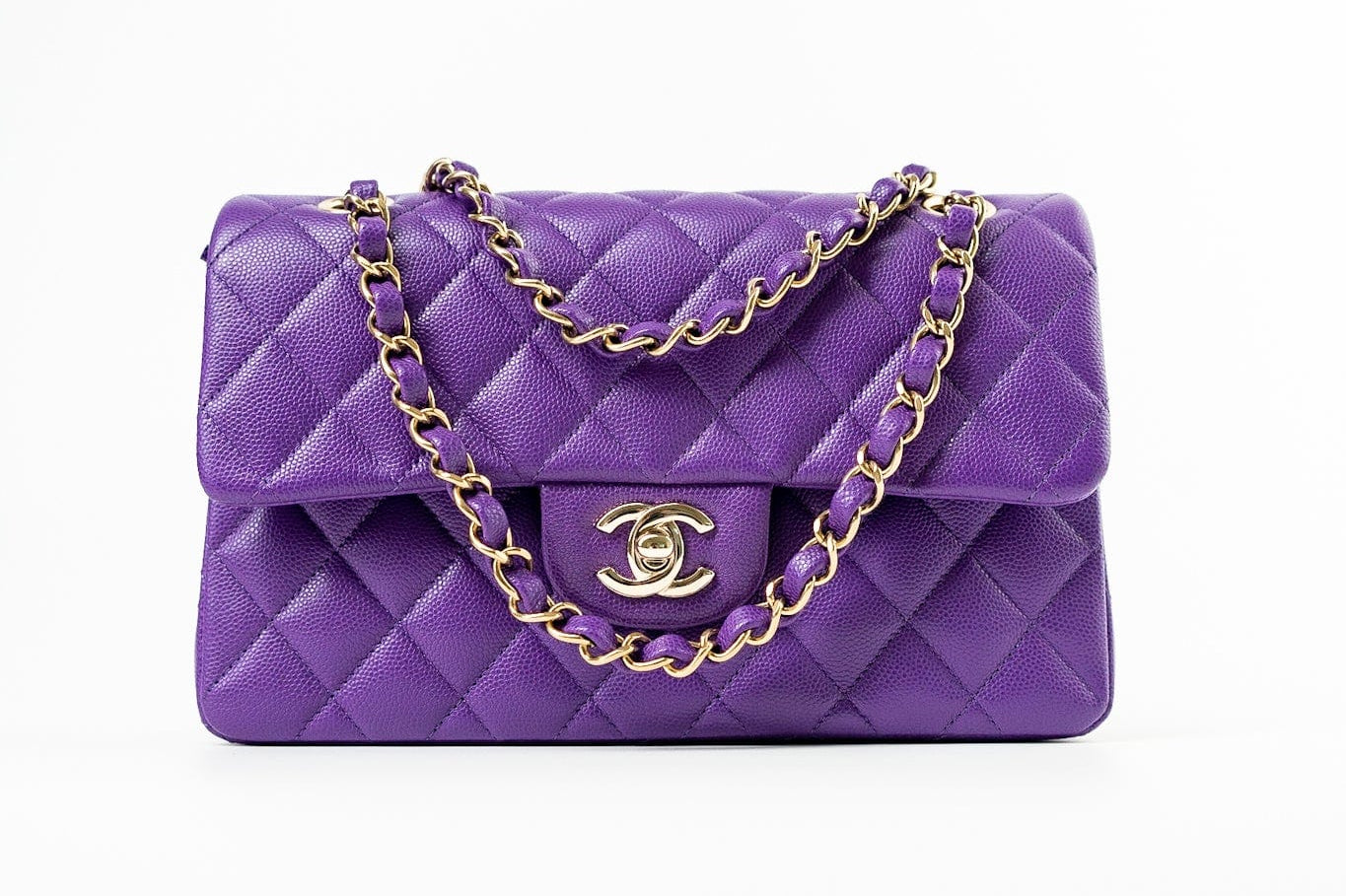 CHANEL Handbag Purple 22A Purple Caviar Quilted Small Classic Flap Light Gold Hardware - Redeluxe