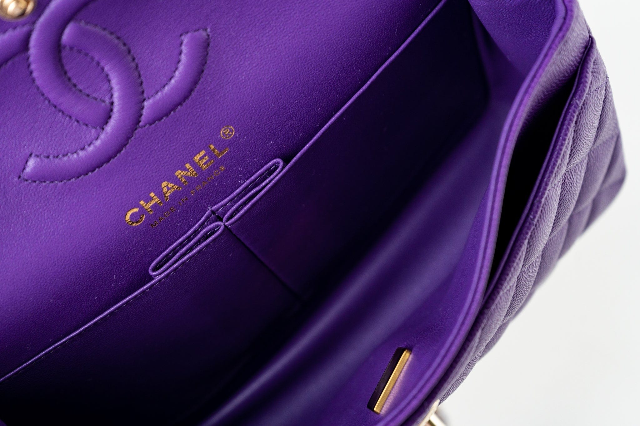 CHANEL Handbag Purple 22A Purple Caviar Quilted Small Classic Flap Light Gold Hardware - Redeluxe