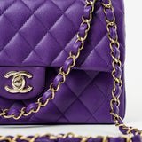CHANEL Handbag Purple 22A Purple Caviar Quilted Small Classic Flap Light Gold Hardware - Redeluxe
