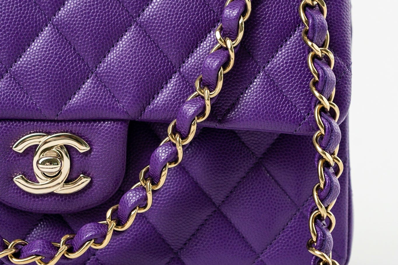 CHANEL Handbag Purple 22A Purple Caviar Quilted Small Classic Flap Light Gold Hardware - Redeluxe