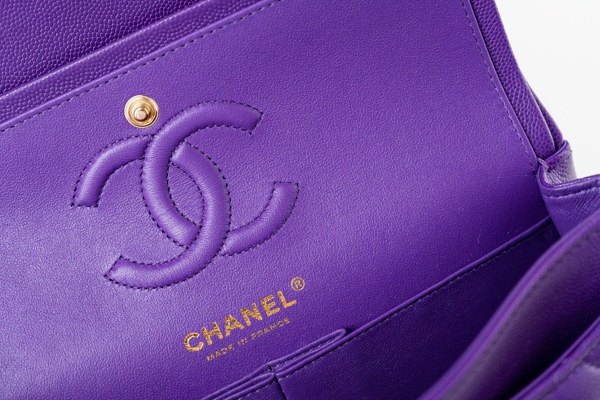 CHANEL Handbag Purple 22A Purple Caviar Quilted Small Classic Flap Light Gold Hardware - Redeluxe