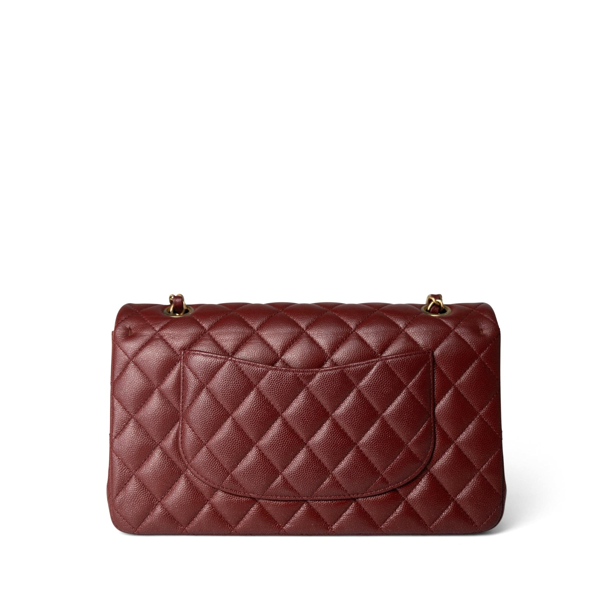 CHANEL Handbag Red 18C Dark Red Glittery Caviar Quilted Classic Flap Aged Gold Hardware - Redeluxe