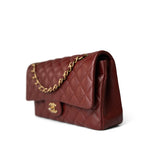 CHANEL Handbag Red 18C Dark Red Glittery Caviar Quilted Classic Flap Aged Gold Hardware - Redeluxe
