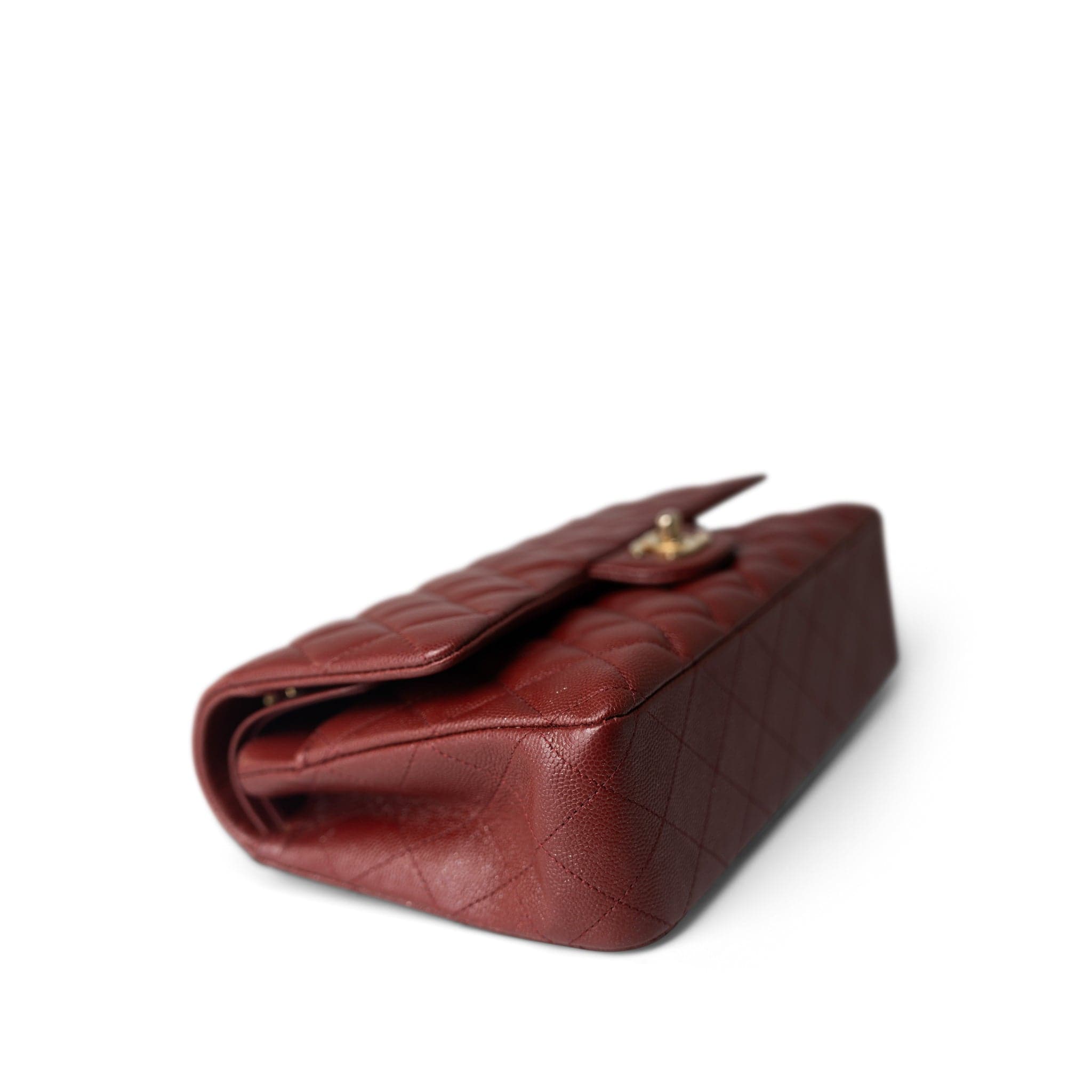 CHANEL Handbag Red 18C Dark Red Glittery Caviar Quilted Classic Flap Aged Gold Hardware - Redeluxe