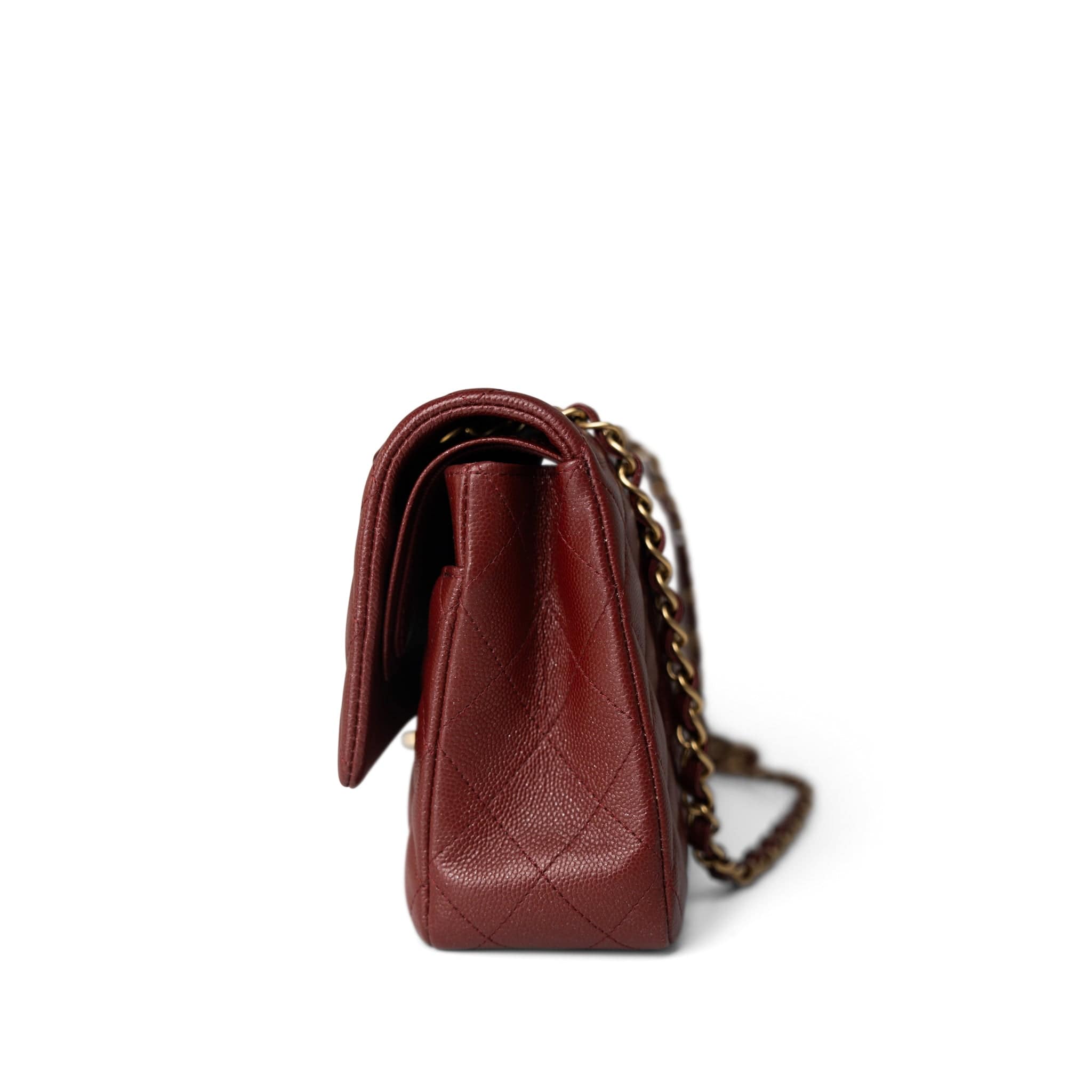 CHANEL Handbag Red 18C Dark Red Glittery Caviar Quilted Classic Flap Aged Gold Hardware - Redeluxe