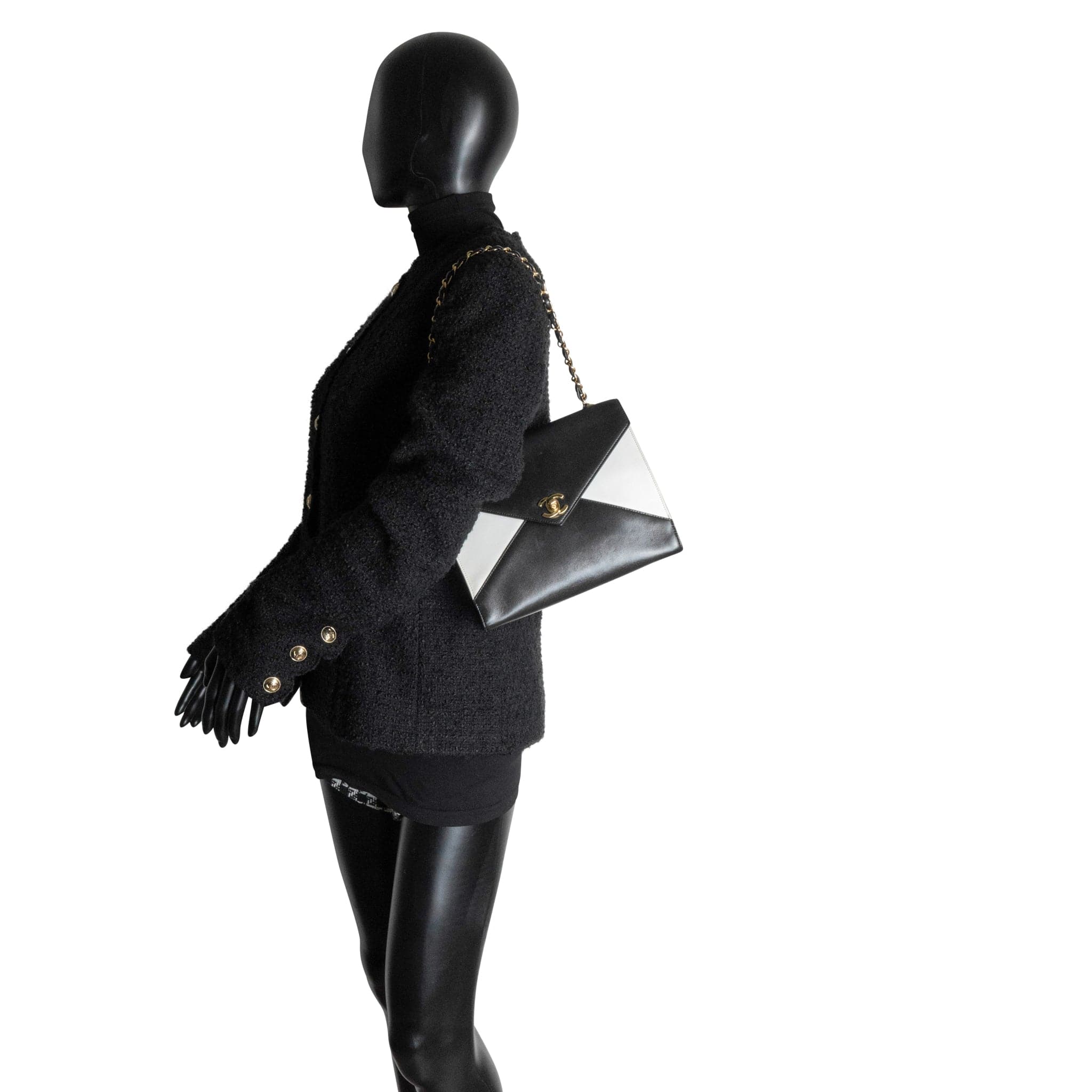 CHANEL Handbag Black Vintage Black and White Lambskin Envelope Shoulder Bag Gold Hardware - Redeluxe