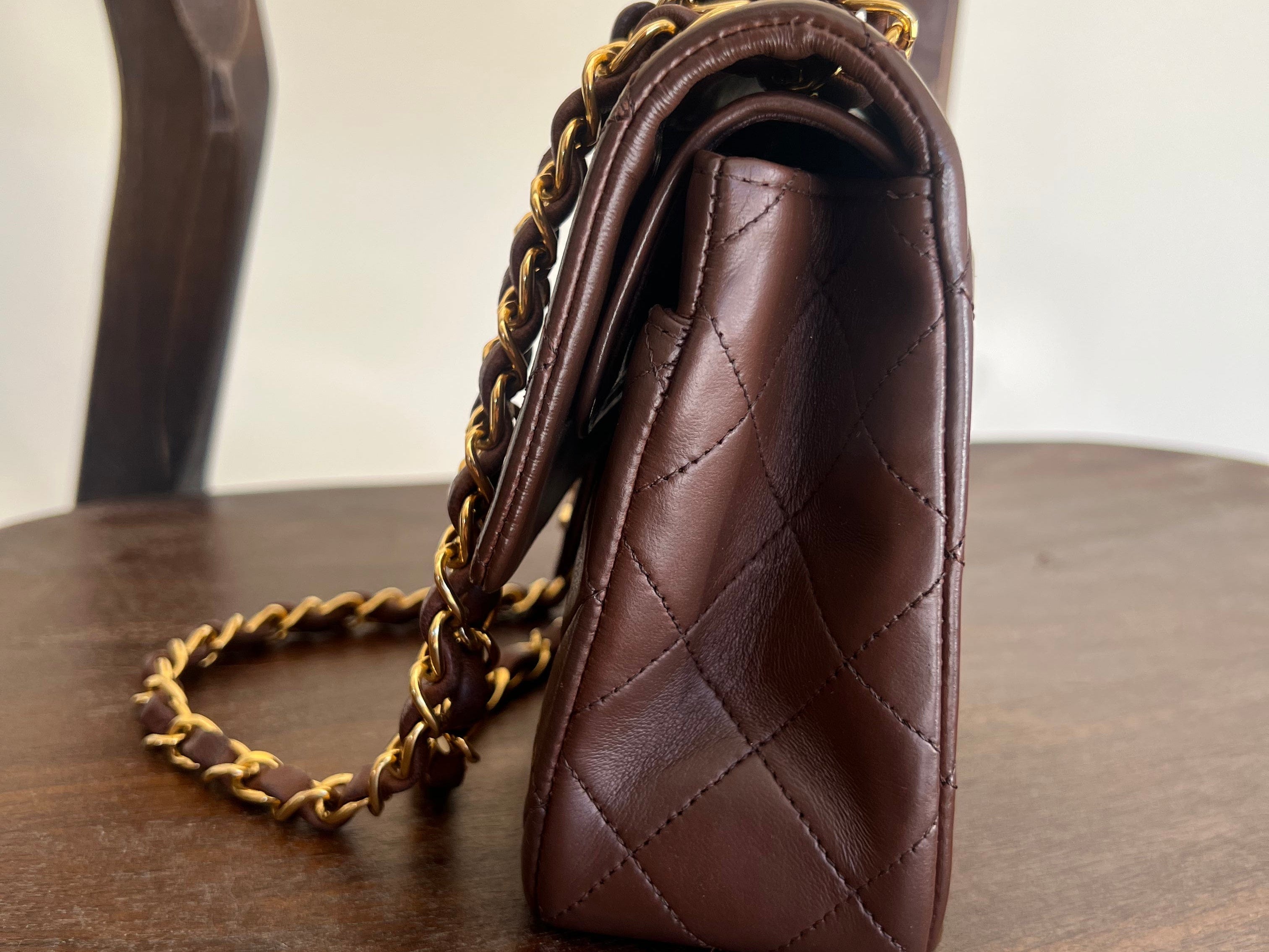 CHANEL Handbag Vintage Brown Lambskin Quilted Classic Flap Small Gold Hardware - Redeluxe