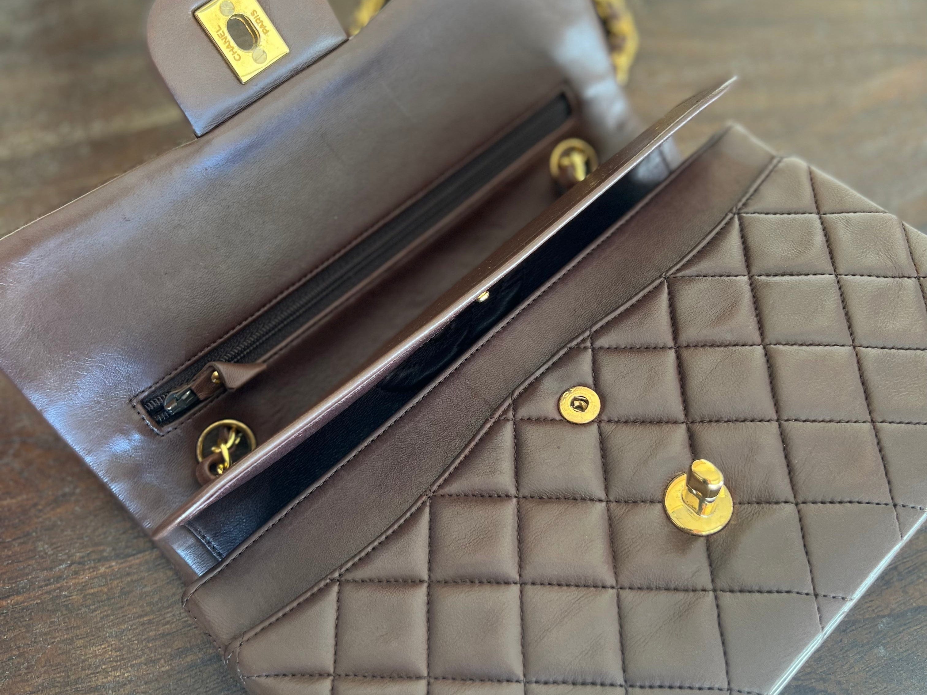 CHANEL Handbag Vintage Brown Lambskin Quilted Classic Flap Small Gold Hardware - Redeluxe