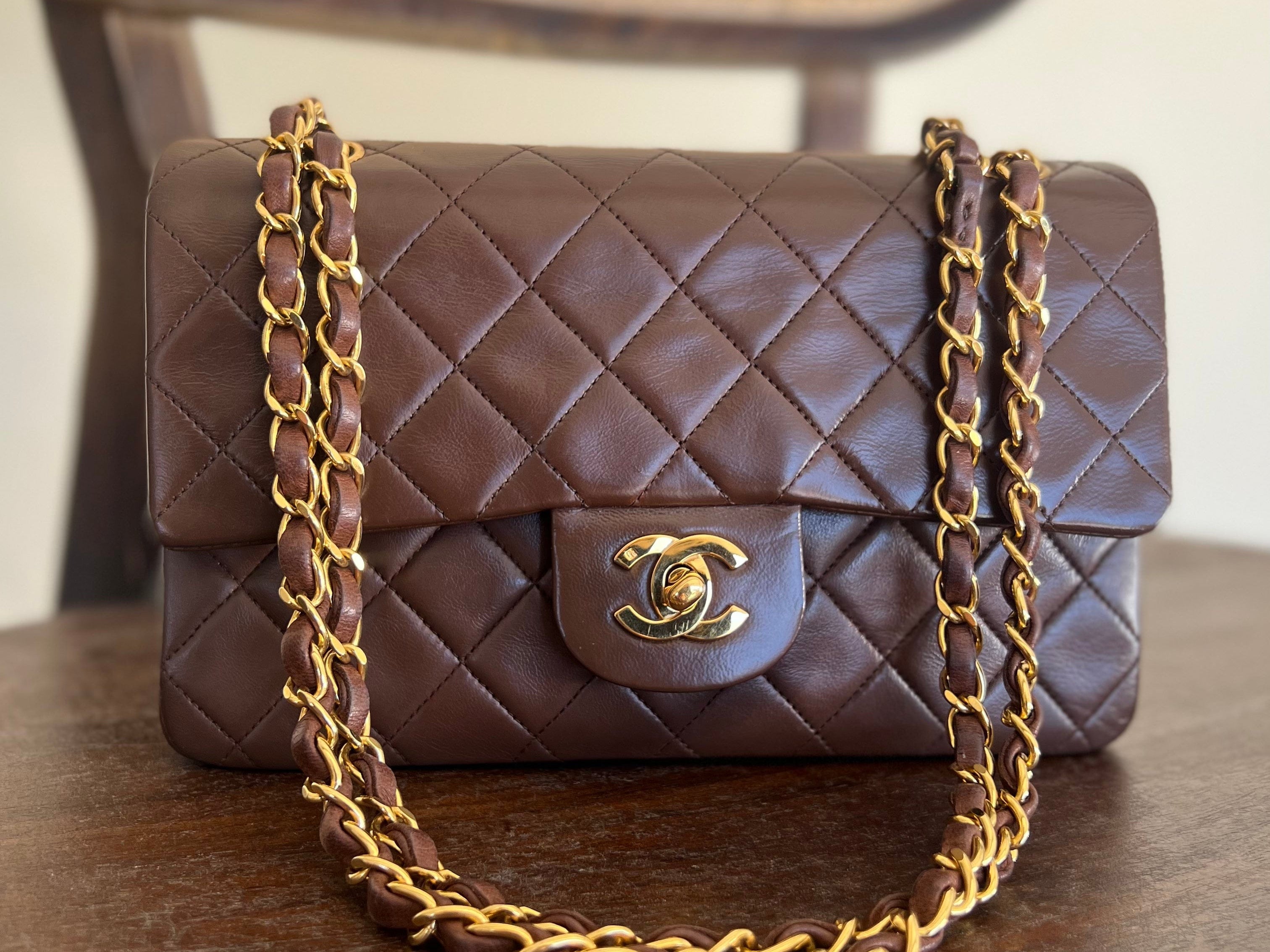CHANEL Handbag Vintage Brown Lambskin Quilted Classic Flap Small Gold Hardware - Redeluxe