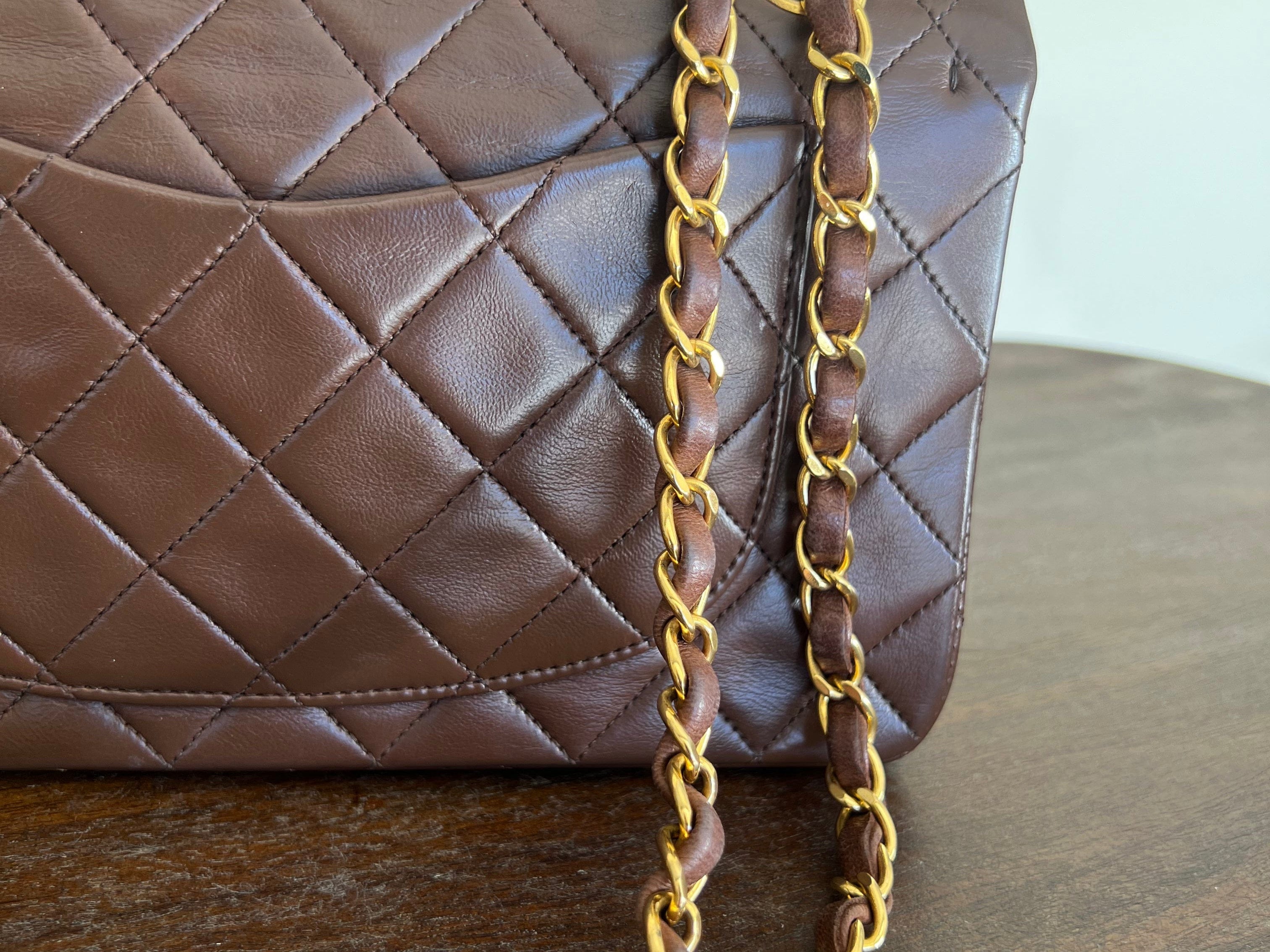 CHANEL Handbag Vintage Brown Lambskin Quilted Classic Flap Small Gold Hardware - Redeluxe
