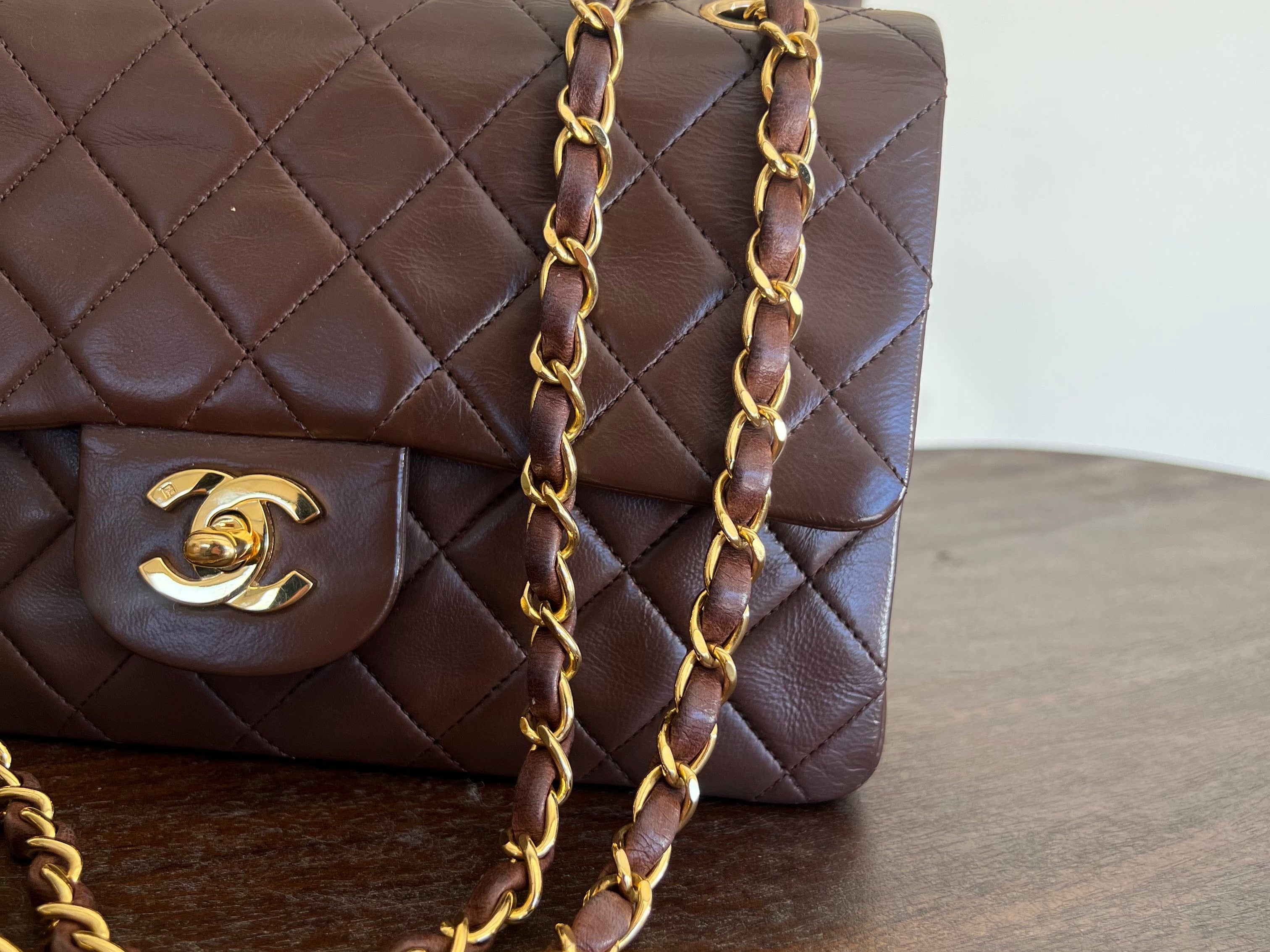 CHANEL Handbag Vintage Brown Lambskin Quilted Classic Flap Small Gold Hardware - Redeluxe