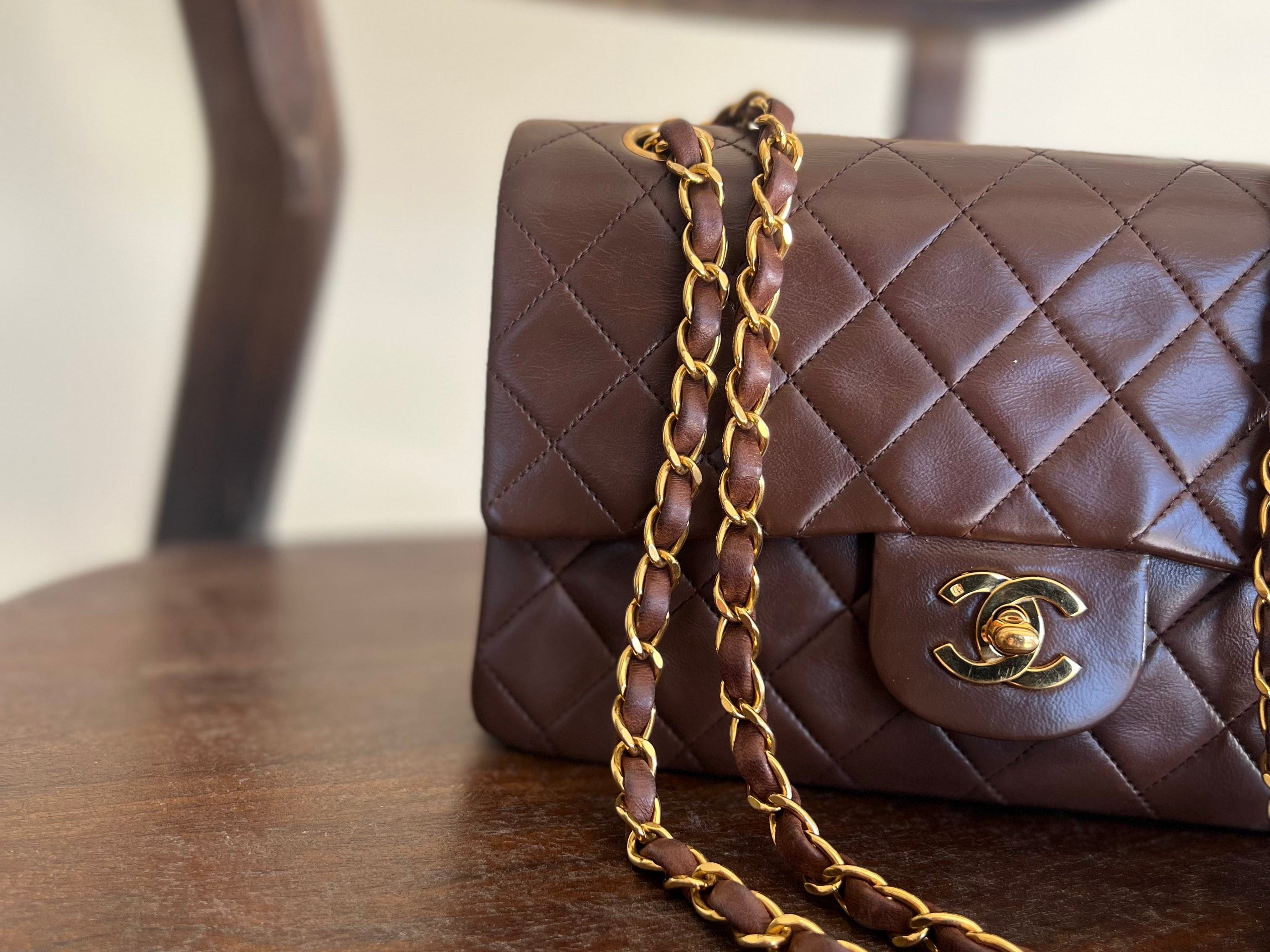 CHANEL Handbag Vintage Brown Lambskin Quilted Classic Flap Small Gold Hardware - Redeluxe